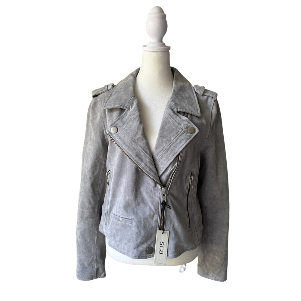 SL8 Moto Jacket Womens L Grey Suede Leather Biker Asymmetrical Edgy Streetwear